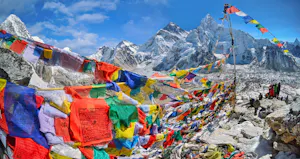 View of Mount Everest and Nuptse with buddhist prayer flags.