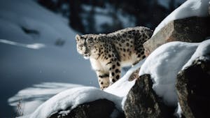 Snow Leopard walking through snow-covered Himalayan rocks in winter light